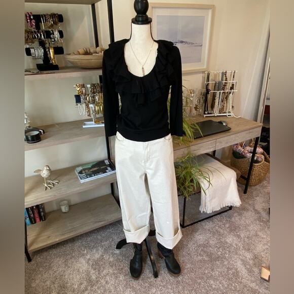 Lauren Ralph Lauren ruffle neck Black sweater Silk and Cotton Blend Size Small - Picture 3 of 13